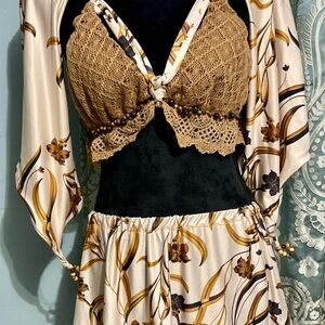 Boho Beaded Festival Outfit Cream Brown Floral Size S/M